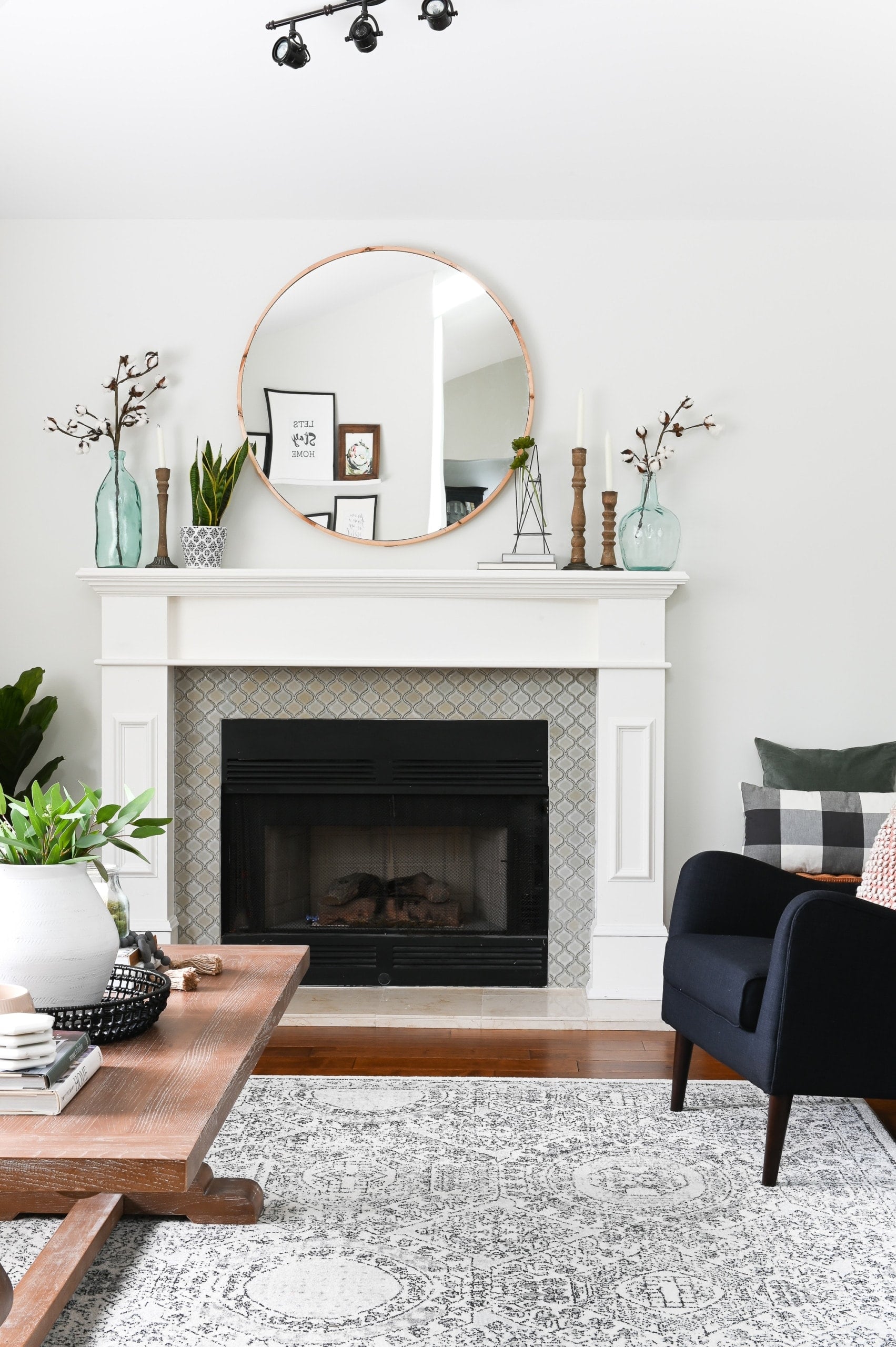 Living room fireplace and mantle