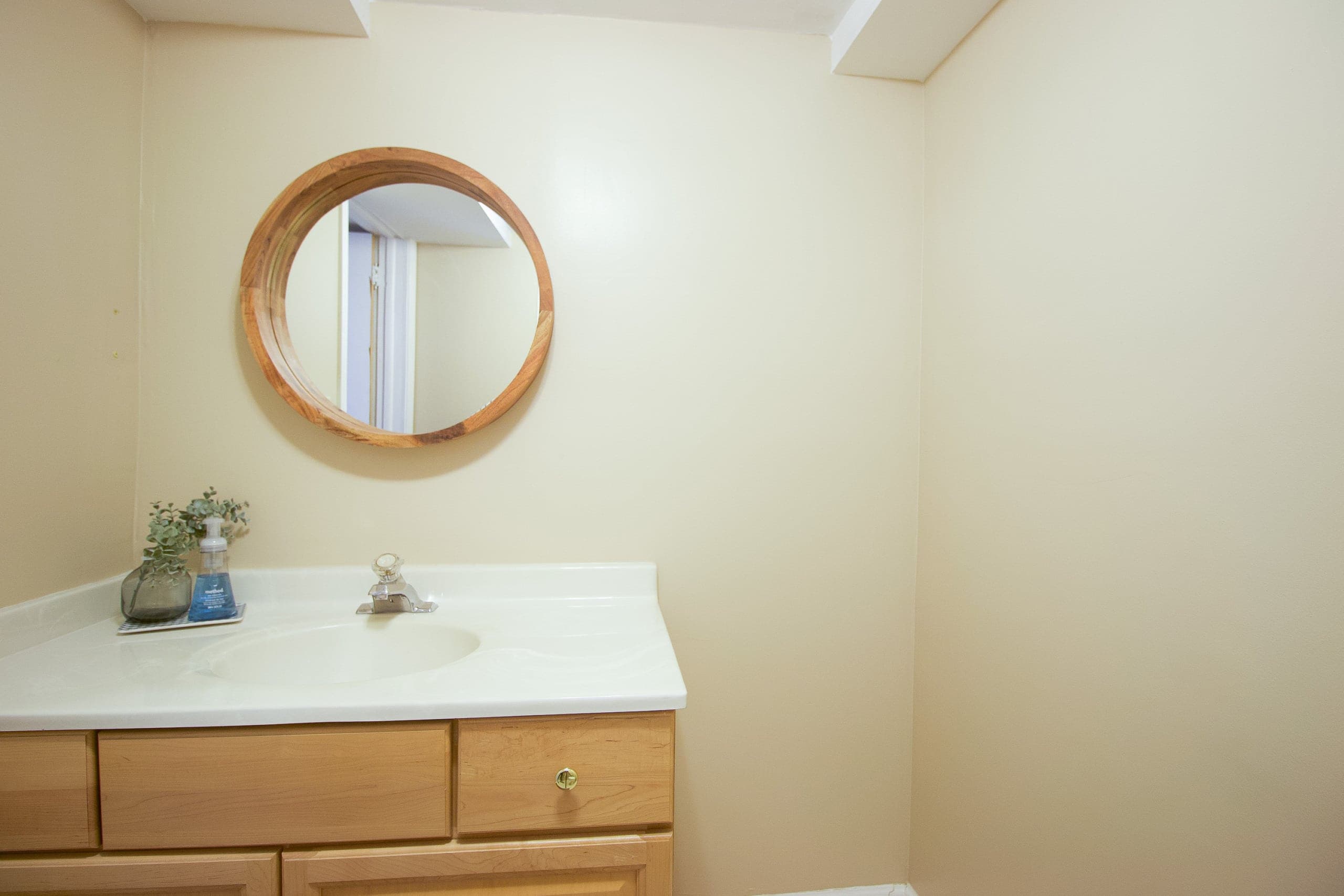 Storage next to the vanity in the basement bathroom