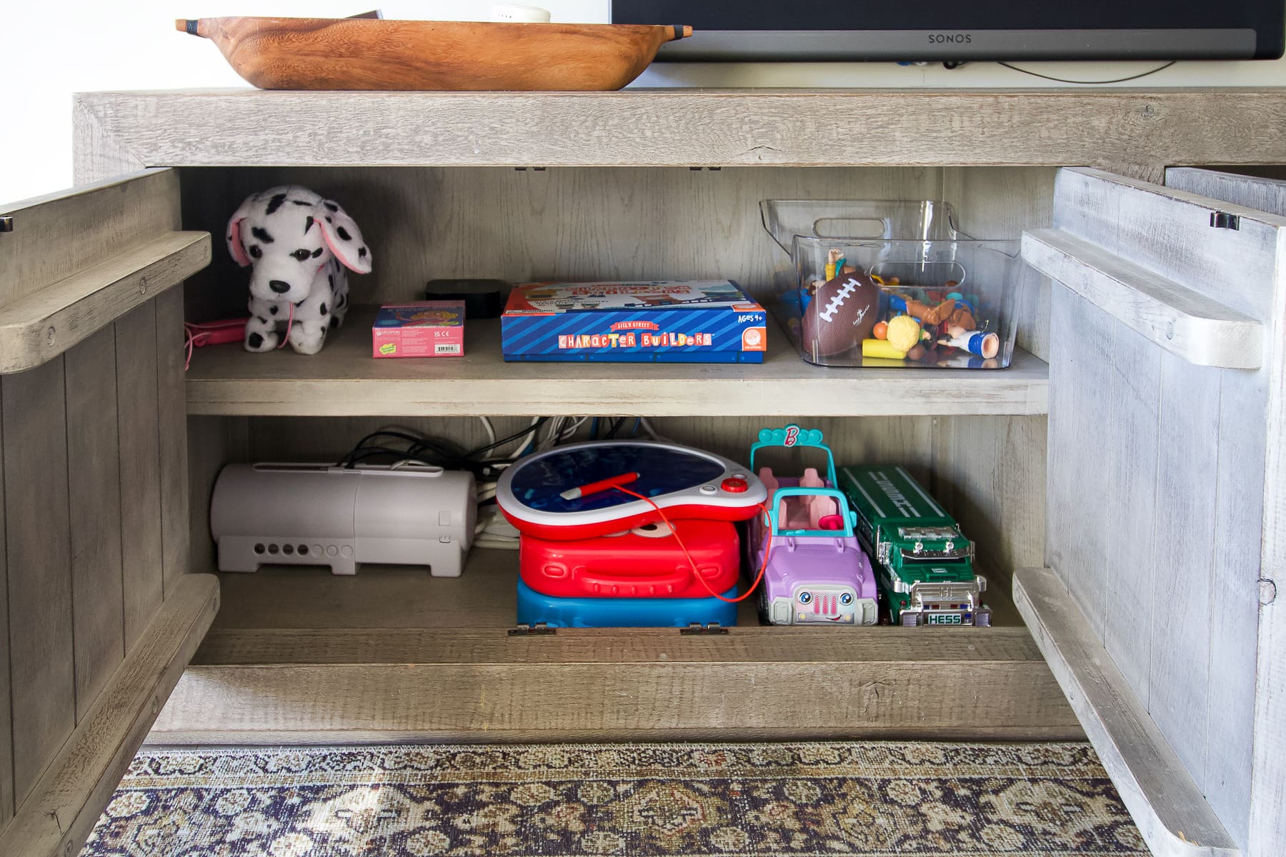 Use clear bins for tiny toys