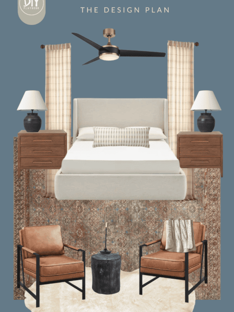 A mood board with cabin bedroom decor ideas