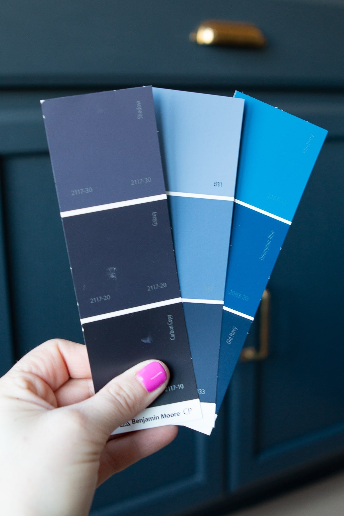Blue paint color swatches in various shades