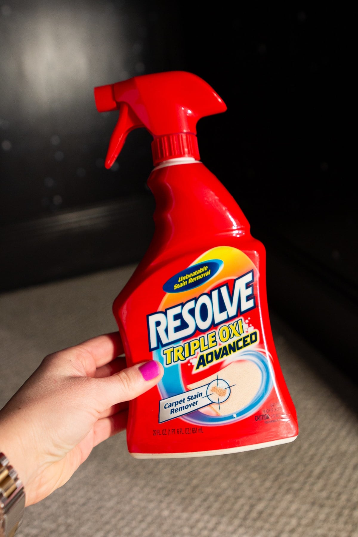 Resolve carpet cleaner to get rid of any stains or paint on carpet