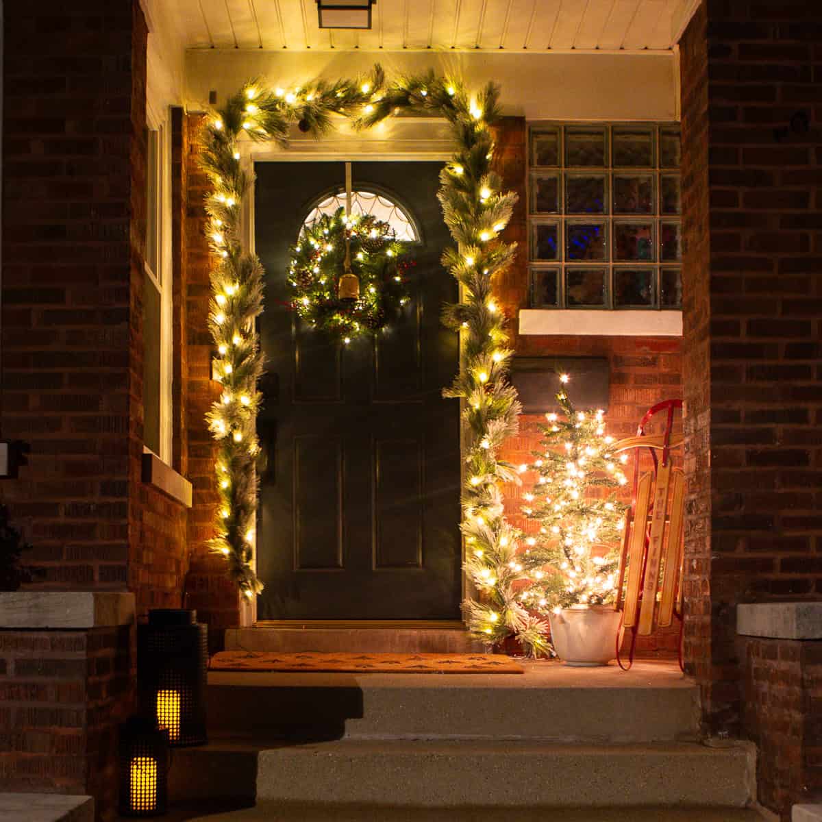 My front porch ready for the holiday at night