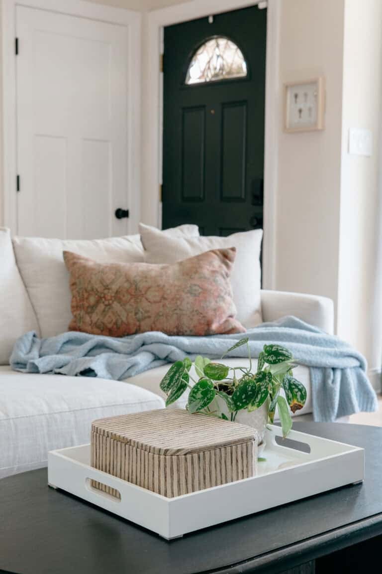 a white living room couch with a black coffee table and tray with a plant
