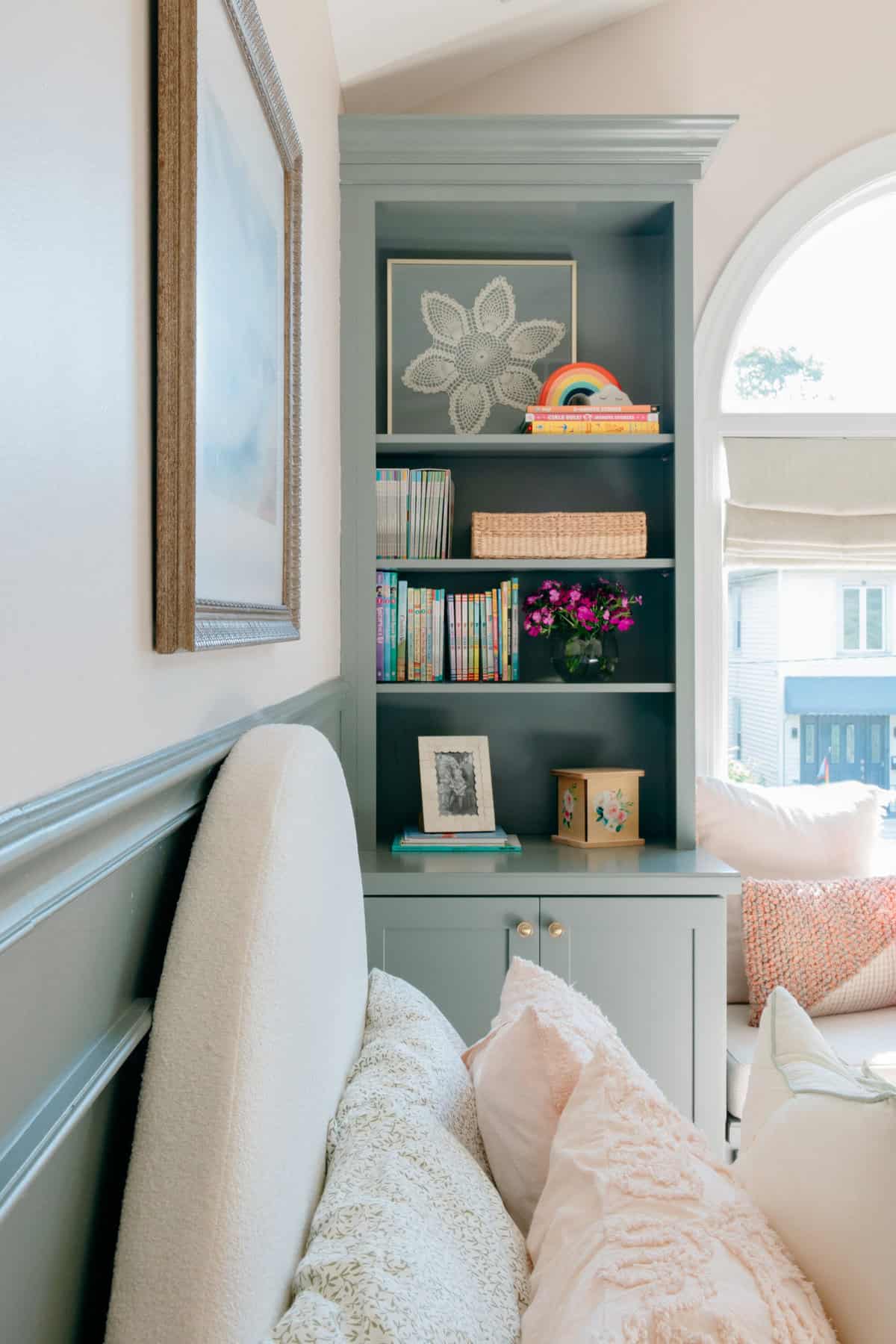 sage green bedroom built-ins