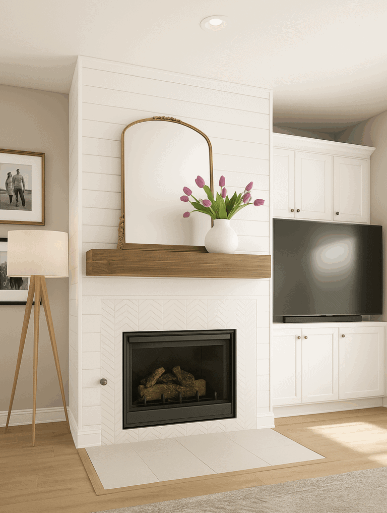adding a tripod lamp and stacked frames to add visual height